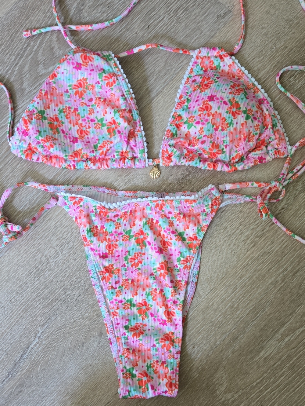 Pink Floral Tie-Side Triangle Bikini Set